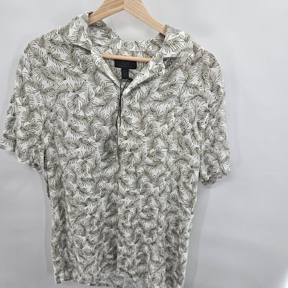 Magaschoni White Green Leaf Linen Blend Button Down Shirt Small